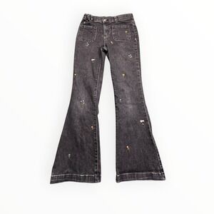 Cat & Jack Flare Jeans Girls 10 Black Floral Embroidered Elastic Back Denim